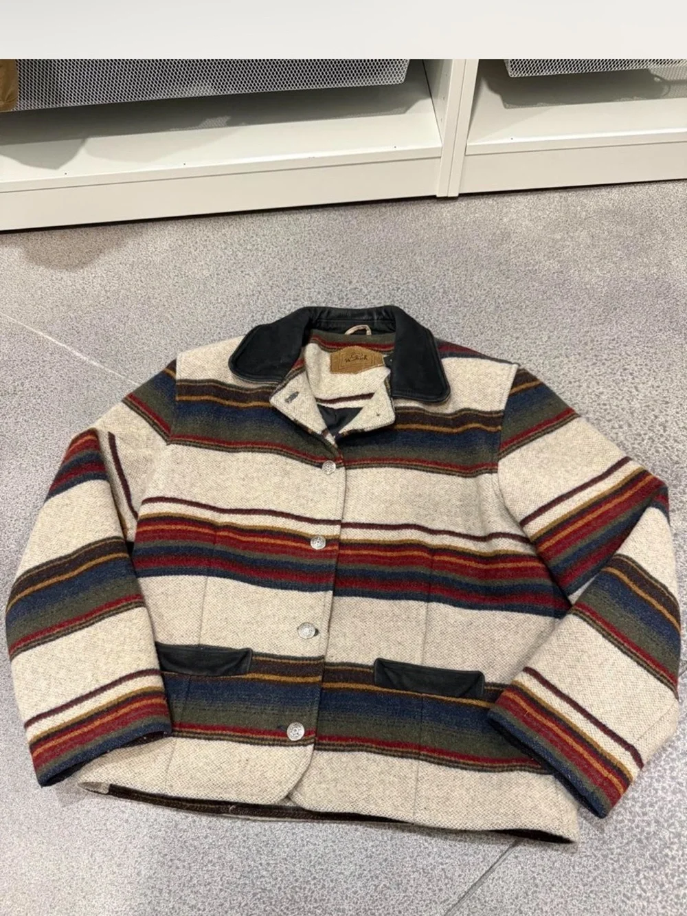 Vintage 80s Woolrich Striped Pea Coat Aztec Western Medium